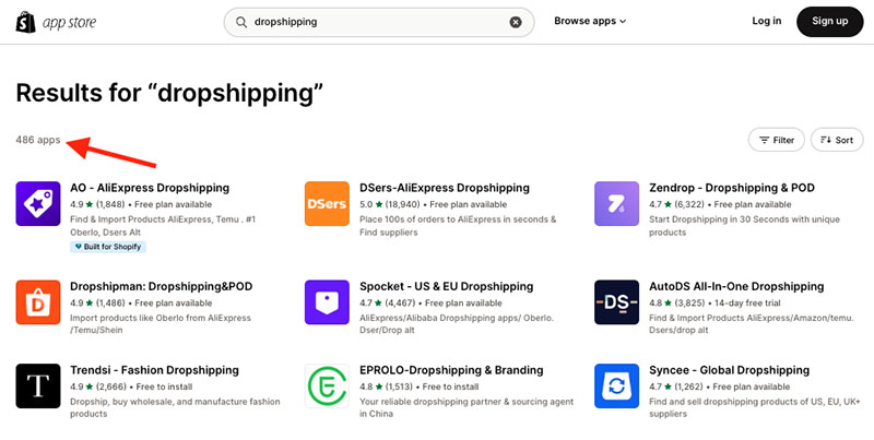 Dropshipping apps in the official Shopify app store.