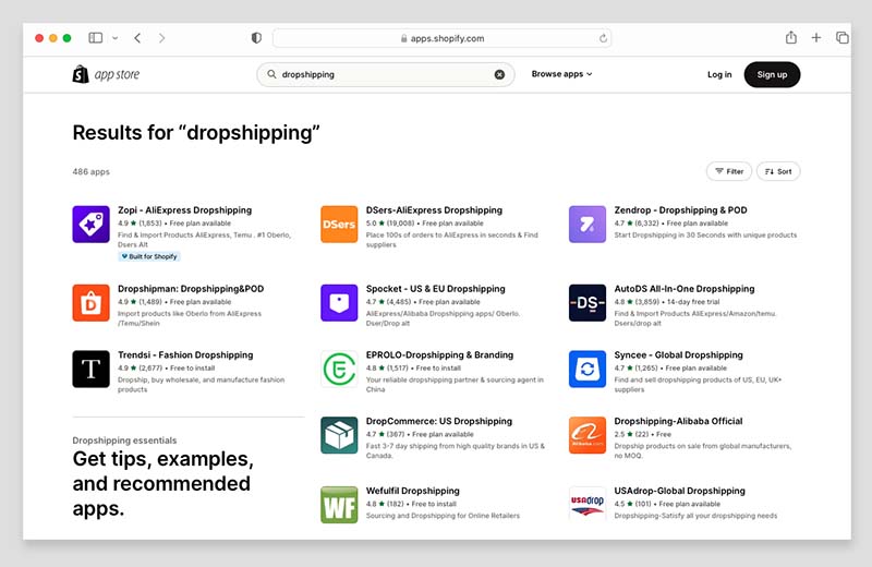 Dropshipping apps in the Shopify app store — there are currently 486 available