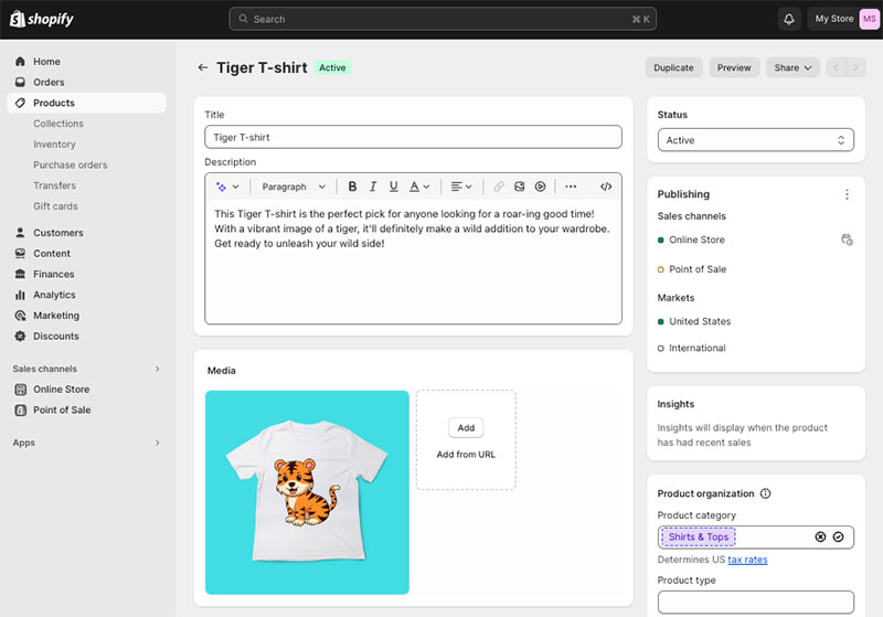 A screengrab of the Shopify interface (image of products being added)