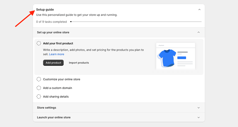 The onboarding process in Shopify.
