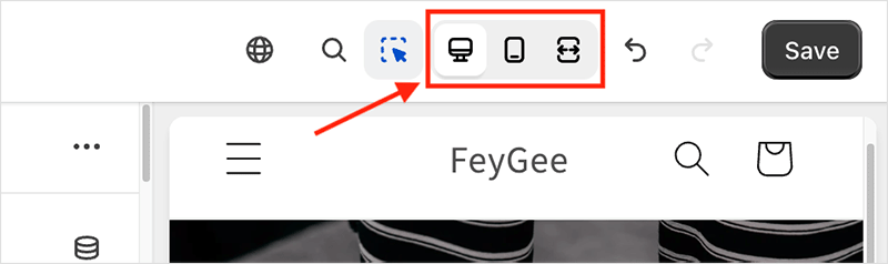 Preview options in the Shopify editor, showing desktop, mobile and fullscreen modes.