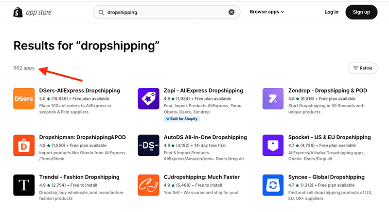 Some of the 502 dropshipping apps currently available for Shopify