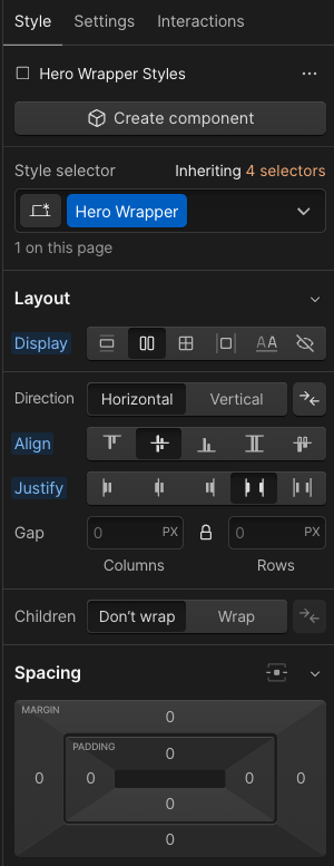 Style controls in the Webflow design interface