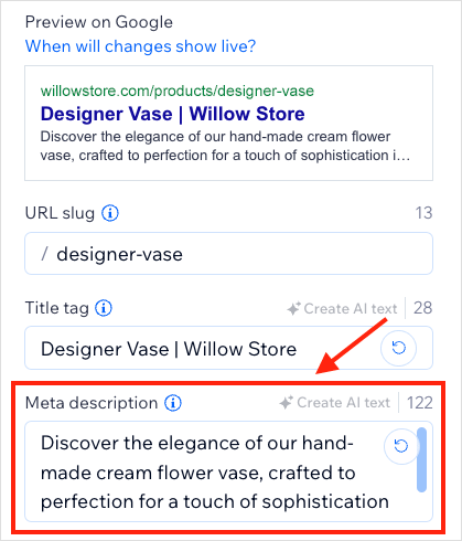 Editing a product meta description in Wix.