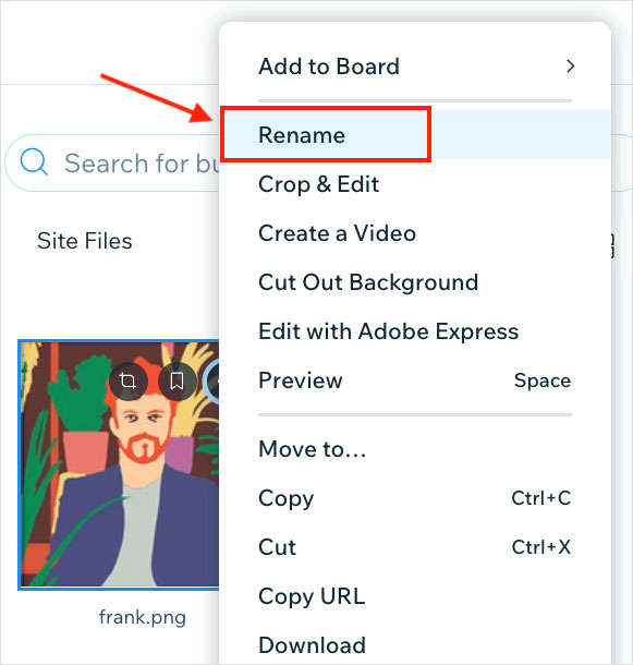 Accessing image rename settings in the Wix 'Media Manager'