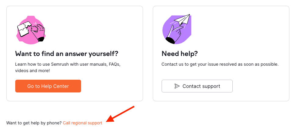 Accessing phone support in Semrush