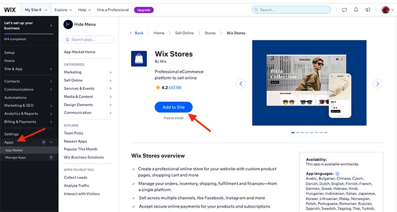 Adding the Wix Stores app.