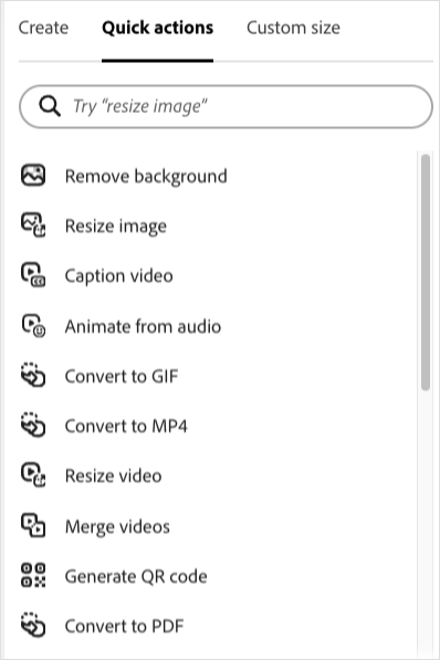 The 'quick actions' menu in Adobe Express.
