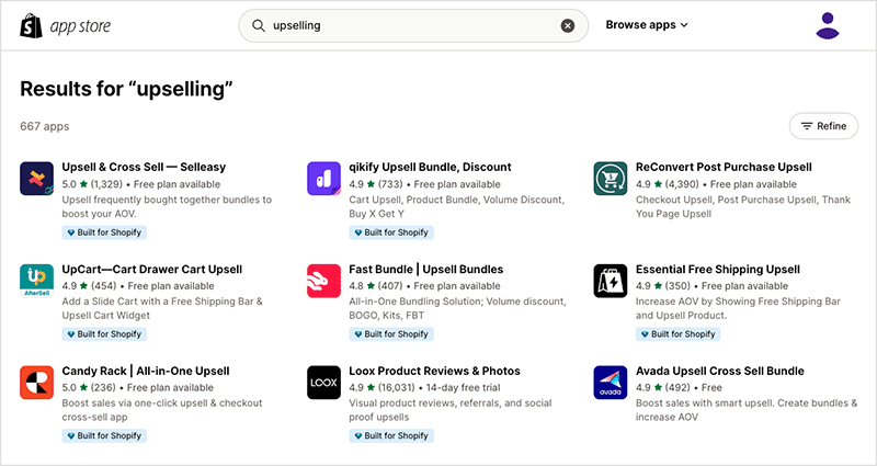 Some Shopify apps in the Shopify App Store.