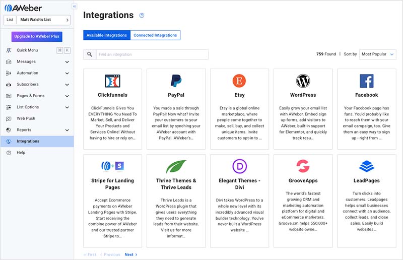 AWeber's integrations directory.