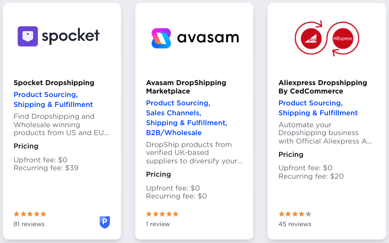Some examples dropshipping apps available in BigCommerce's app marketplace.
