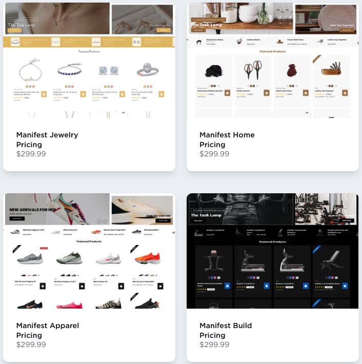 Bigcommerce’s ‘Manifest’ range of paid-for templates — professional in appearance, but very similar.