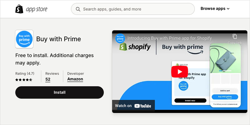 The 'Buy with Prime' app in the Shopify app store.