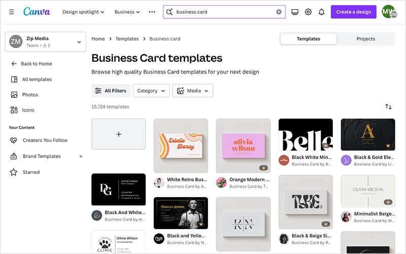Canva business card template results.