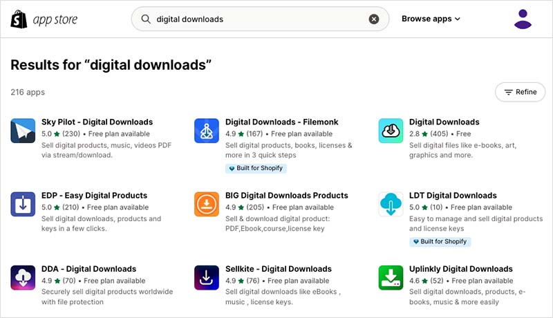 Digital downloads apps in the Shopify app store.