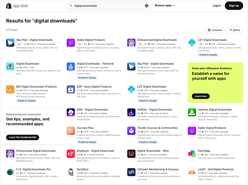 Digital download apps in the Shopify app store — at time of writing, there are 219 available