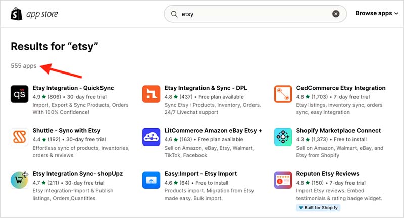 Etsy-related apps in the Shopify App Store.