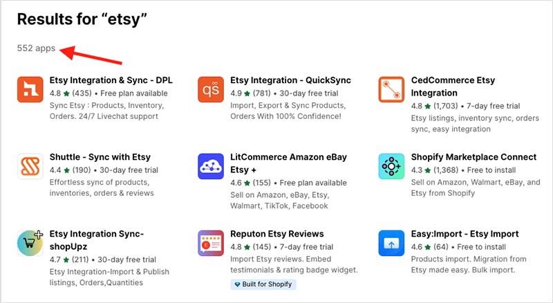 Etsy related apps in the official Shopify app store.