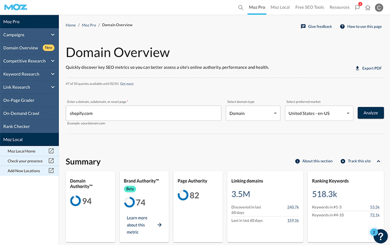Moz's new 'Domain Overview' feature