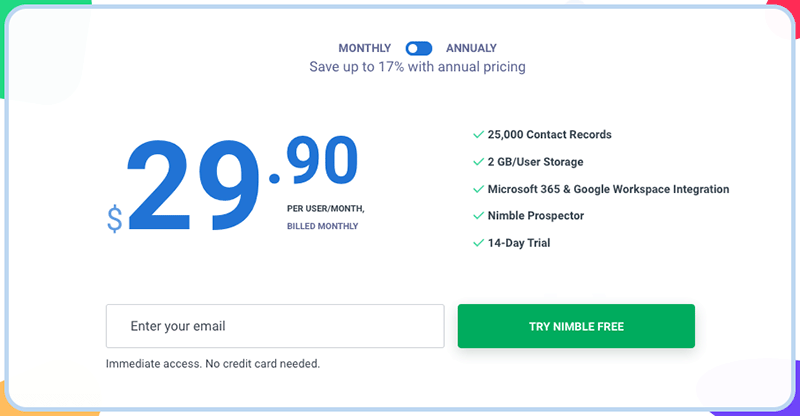 Nimble CRM monthly pricing ($29.90 per month).