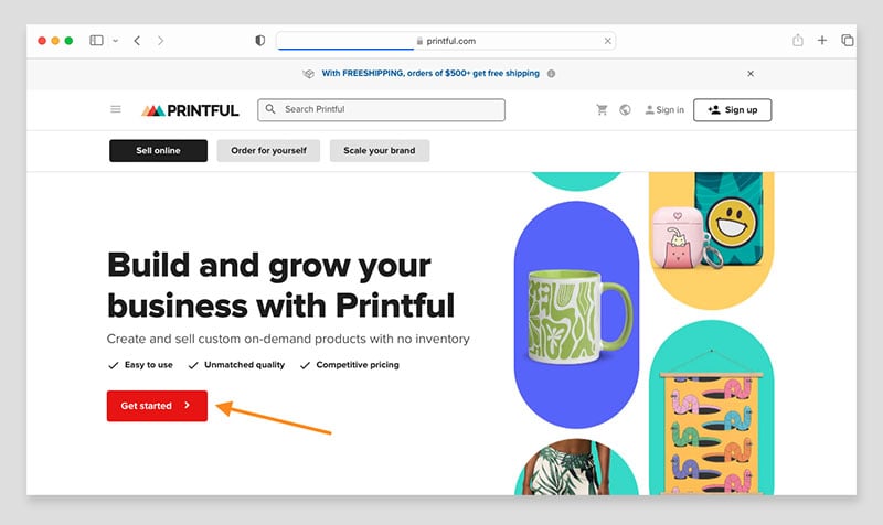 Printful's home page with an arrow pointing to the 'Get started' button.