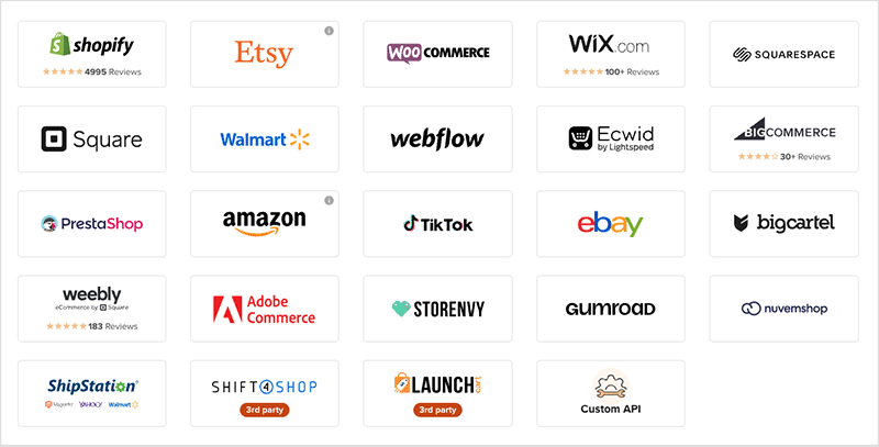 Logos of some of Printful’s ecommerce platform and marketplace integrations.