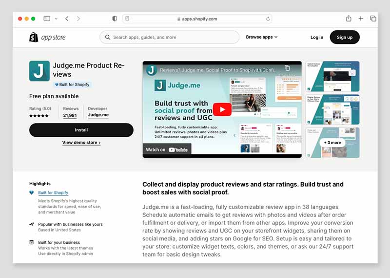The 'Judge.me Product Reviews' app in the Shopify app store