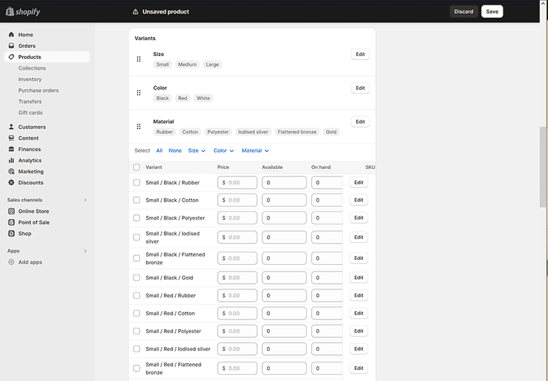 Working with product variants in Shopify