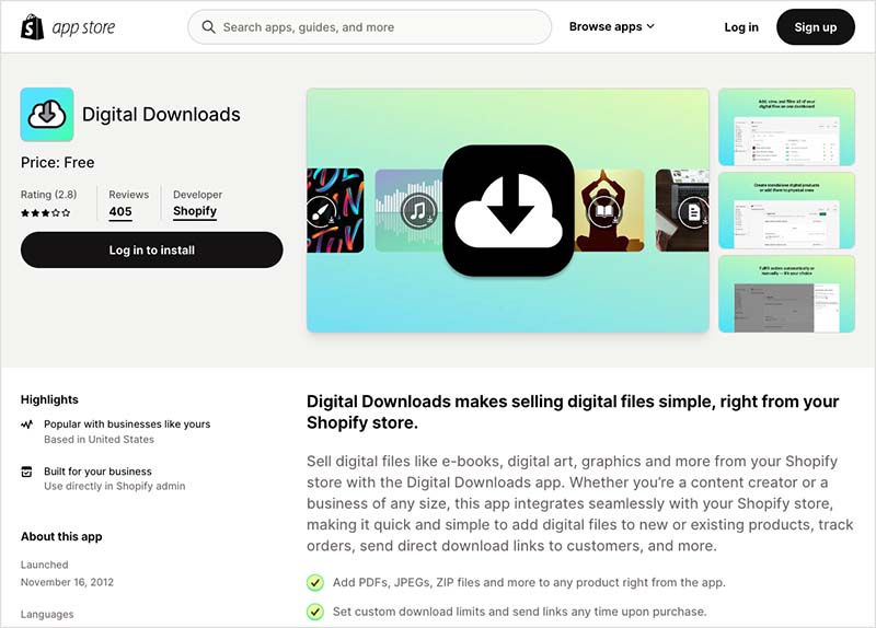 Shopify's 'Digital Downloads' app