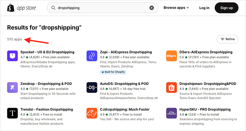 Dropshipping apps in the Shopify App Store.