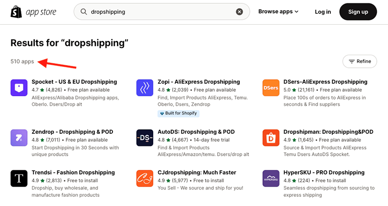 Some of the 510 dropshipping apps that are currently available in the Shopify app store.