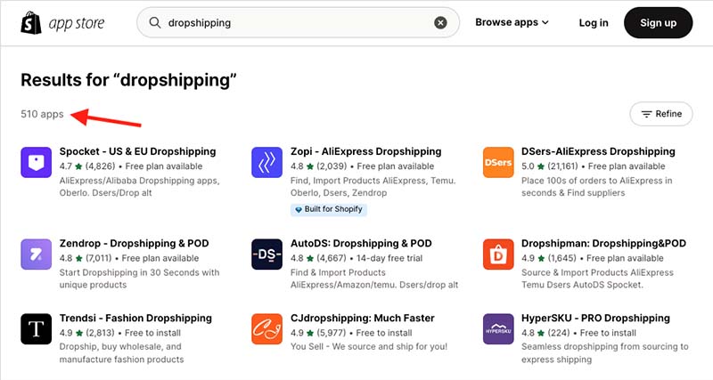 Dropshipping apps in the Shopify app store.