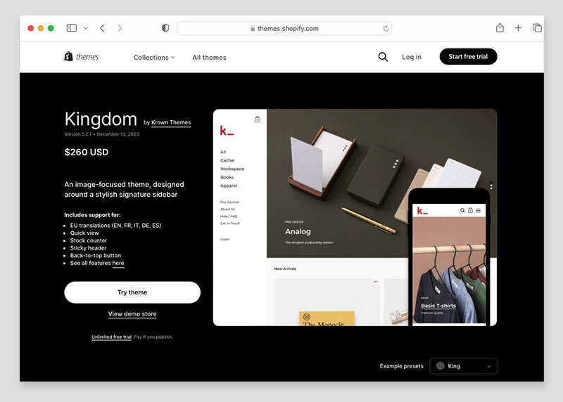 Shopify's 'Kingdom' theme — one of the premium templates available in its theme store