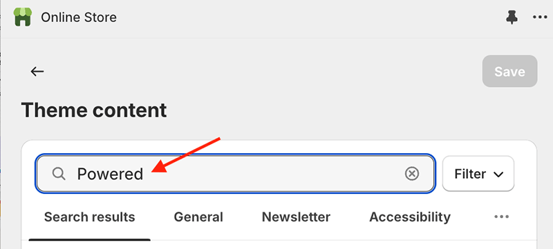 Enter 'Powered' into the 'theme content' search box