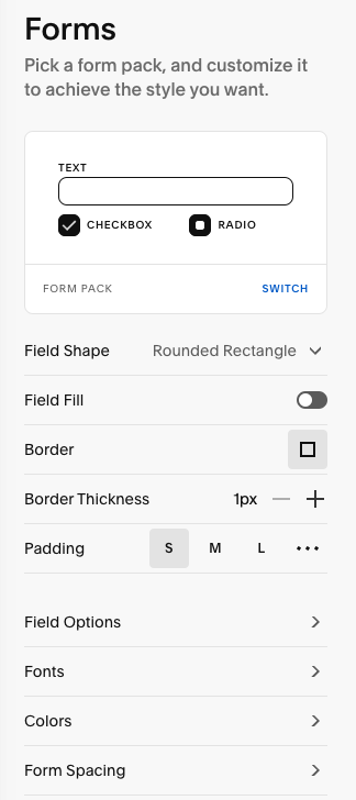 Squarespace 'Forms' style settings