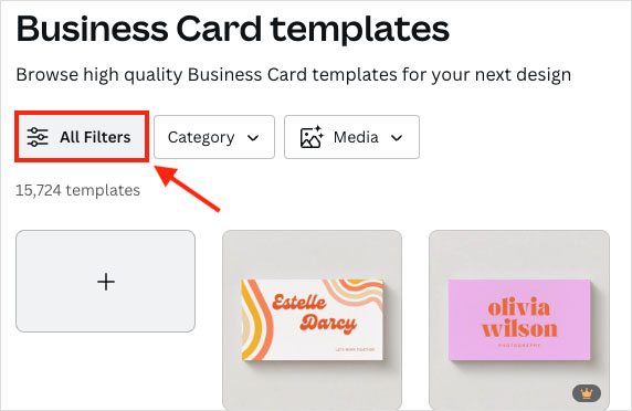 Filtering Canva's business card templates.