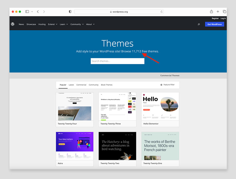 WordPress theme directory featuring over 11,710 themes.