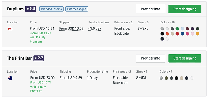 Comparing print provider details in Printify
