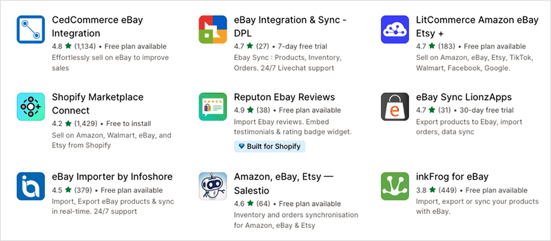 eBay-related apps in the Shopify app store.