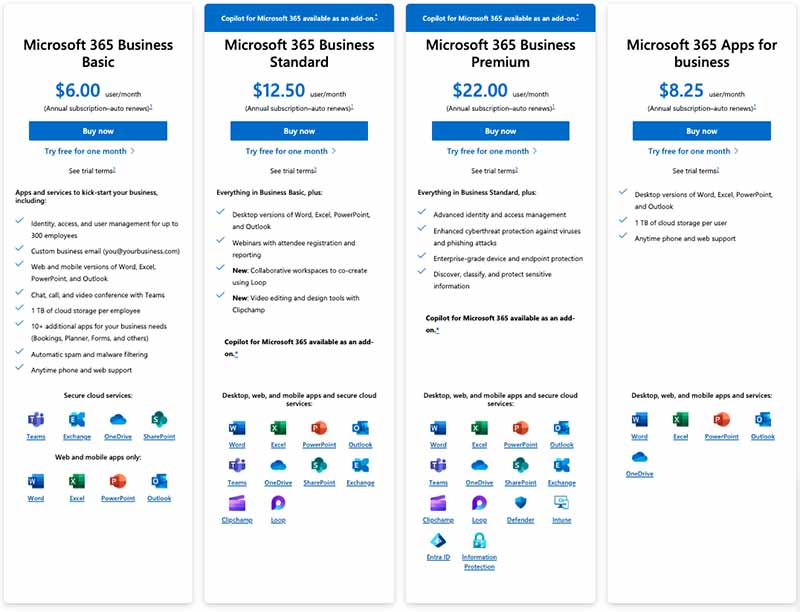 Pricing for Microsoft 365 'Business' plans (February 2024)
