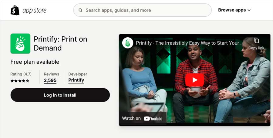 The Printify app in the Shopify app store.