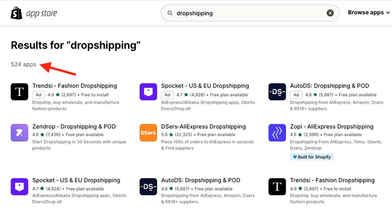 Some of the 524 Shopify dropshipping apps that are currently available in the platform's app store