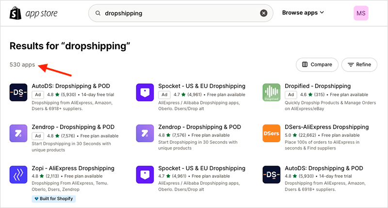Dropshipping apps in Shopify – at time of writing, there are 530 available