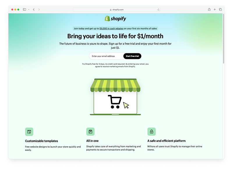 The Shopify free trial signup page 