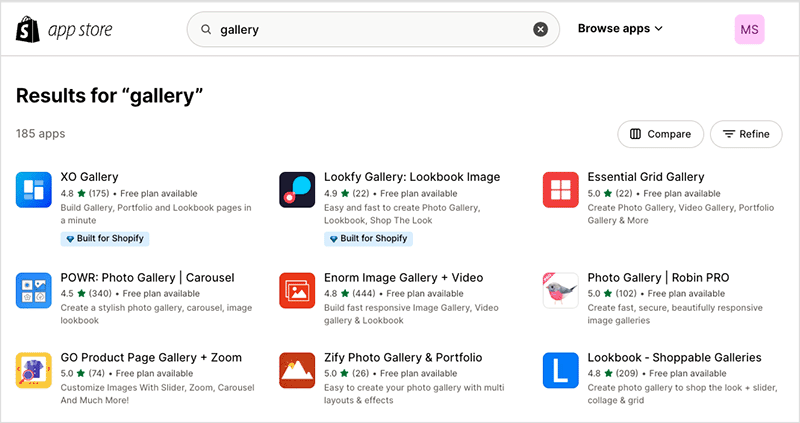 Gallery apps in the Shopify app store