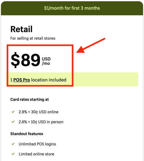 Shopify 'POS Pro' monthly pricing