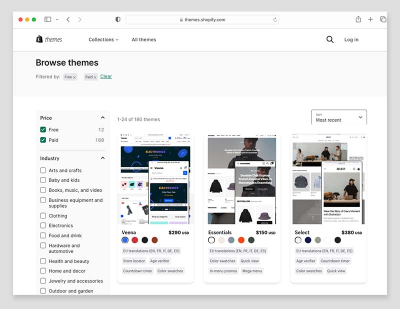 A screenshot of the Shopify theme store