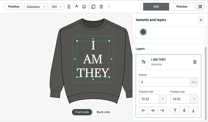 Working with text in Printify's product design tool.