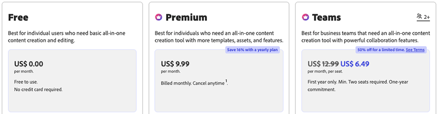 Adobe Express pricing.