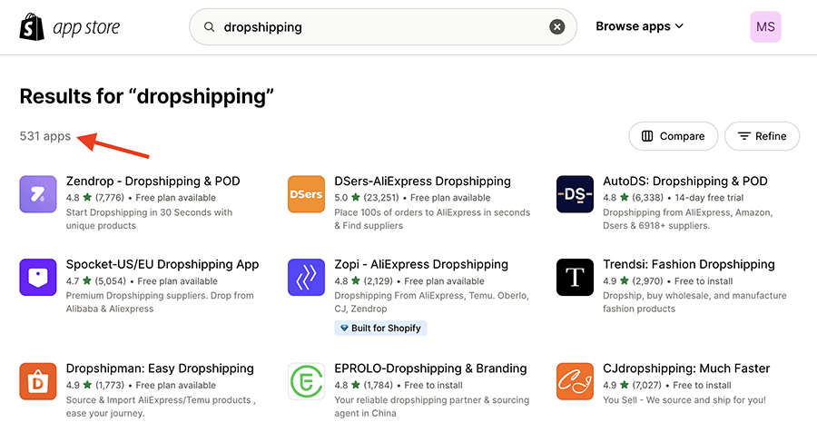 Some of the 531 dropshipping apps that are currently available for Shopify.